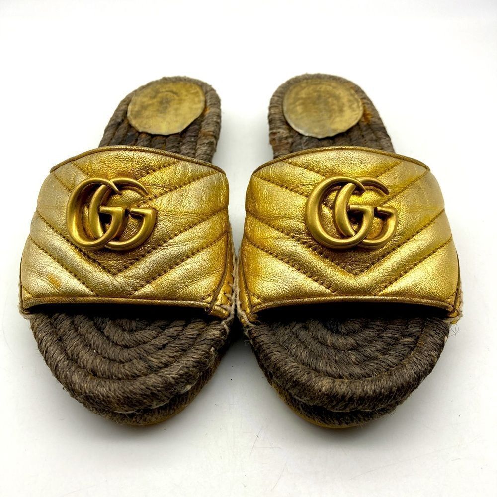 Authentic Gucci Quilted Leather Espadrille Sandals Size 35,5 Gold Color